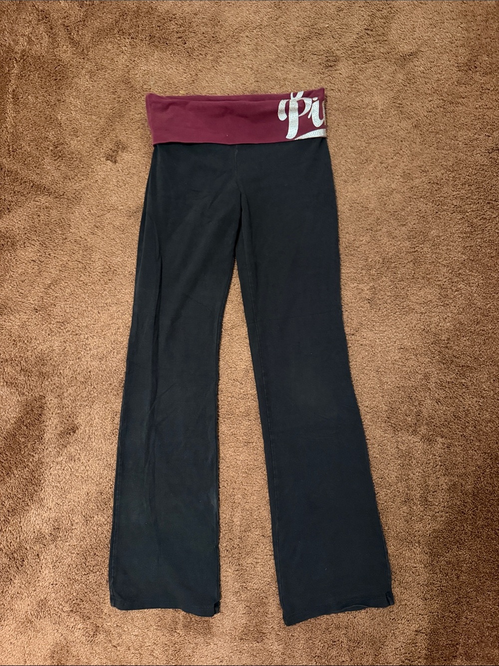 PINK Victoria's Secret Black Leggings with Maroon Fold-Over Waist